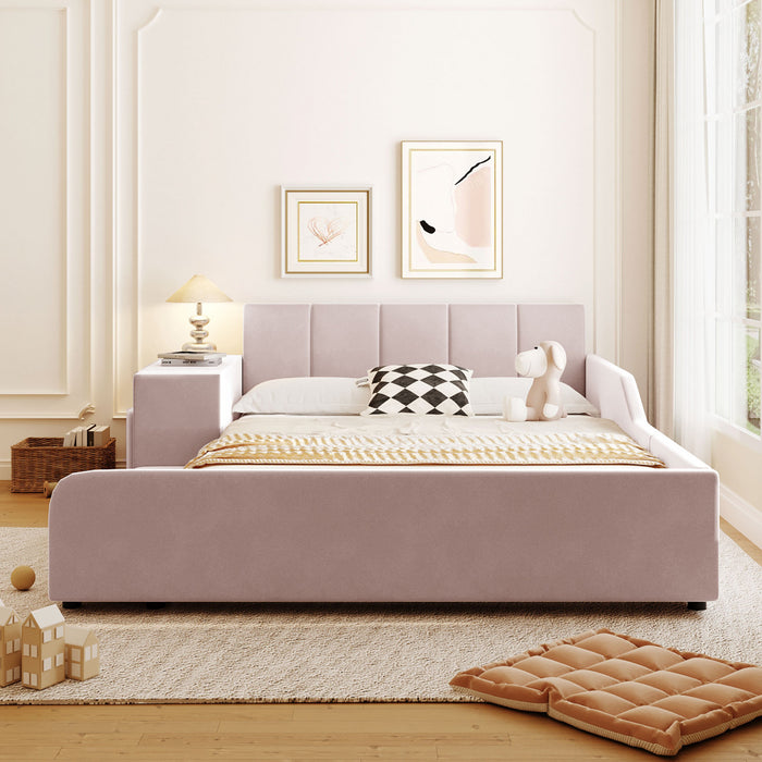 Lit Lily en velours rembourre avec bureau et tabouret, taille Full, rose