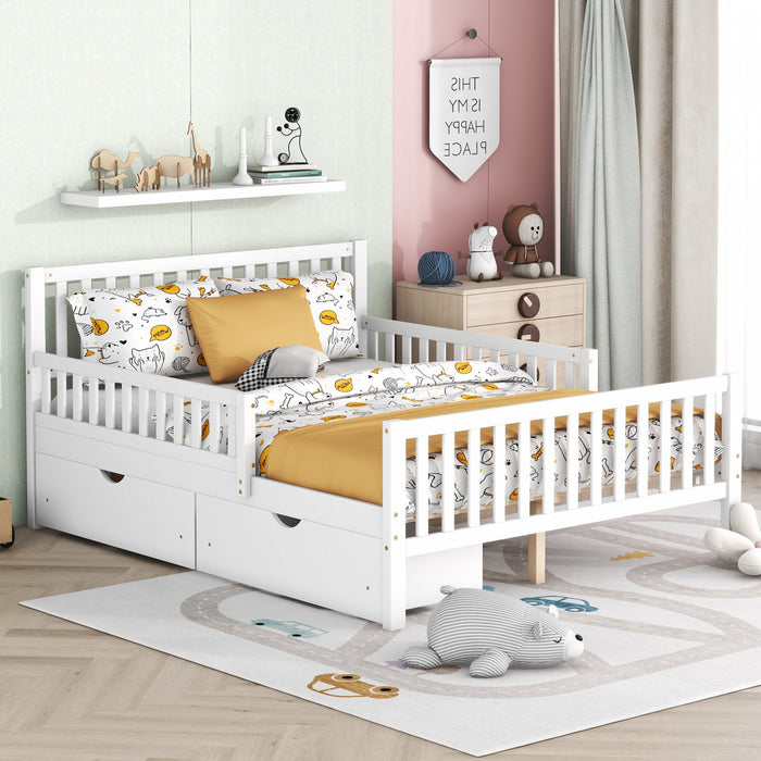 Emma – Lit Plateforme en Bois avec Barrieres de Protection et Tiroirs de Rangement, Format Double - Blanc