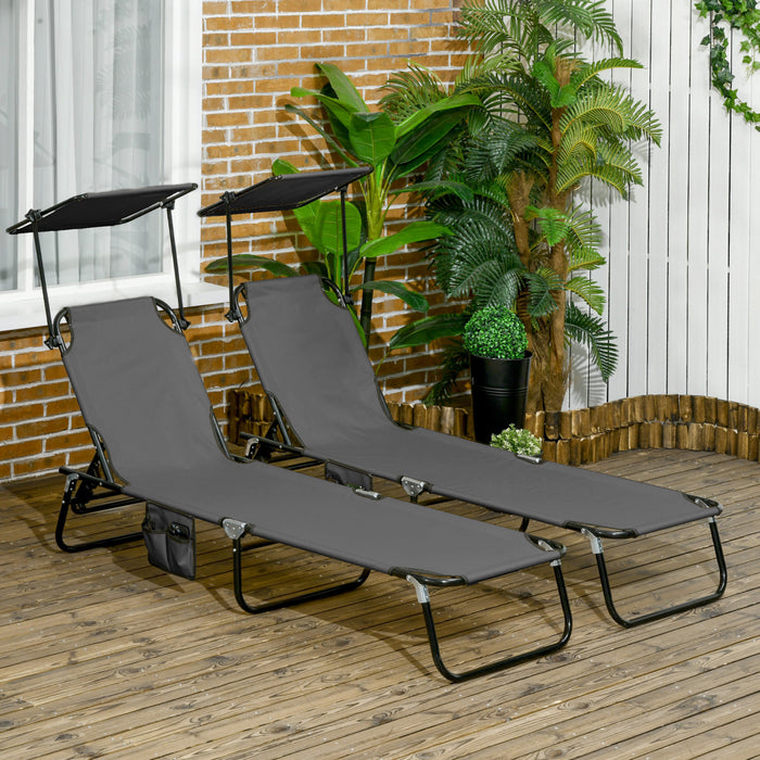 Outsunny Chaise Longue 2 Pieces Avec Dossier Reglable Et Pare-soleil, Gris