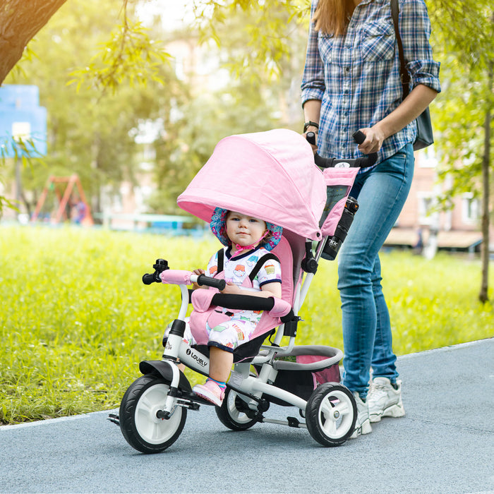 Qaba Tricycle 4 En 1 Pour Tout-petits, Tricycle Pour Enfants Avec Auvent Pliable, Poignee Et Housse Amovibles, Panier De Rangement, Ceinture De Securite A 5 Points, Pour Enfant De 1 A 5 Ans, Rose