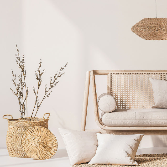 Petit luminaire suspendu Pourel de Dainolite avec abat-jour naturel, fini noir mat et 3 ampoules