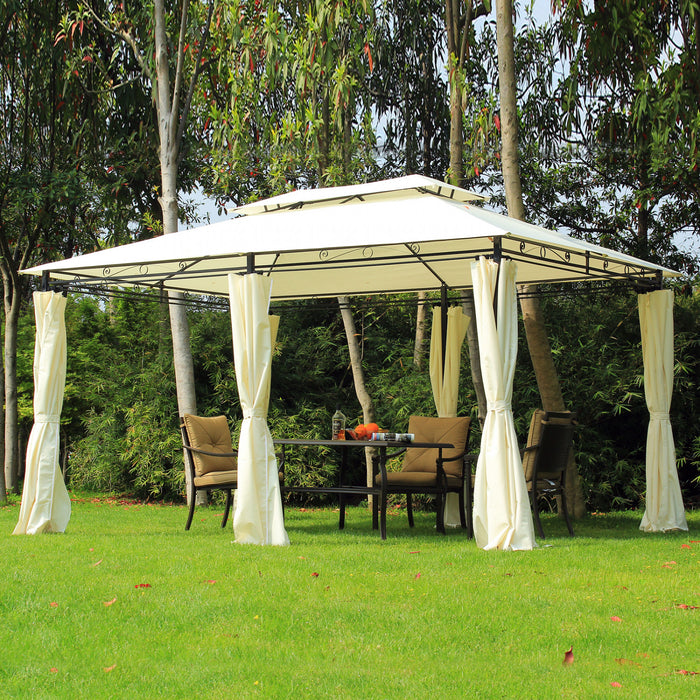 Outsunny 13'l X 10'w X 8.8'/6.5h Patio Gazebo Exterieur 2-tiers Jardin Canopee Parasol Abri Avec Rideaux Blanc Creme