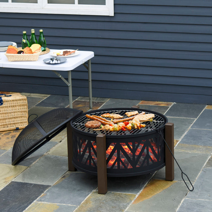 Outsunny Foyer De 31 Po, Brasero A Bois 2 En 1 Avec Couvercle, Grill, Noir