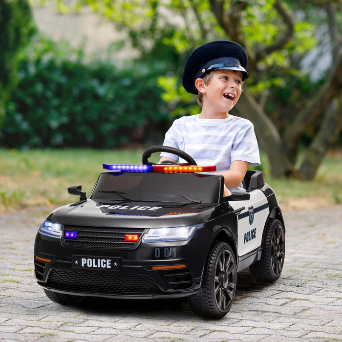 Qaba Voiture Electrique 12 V Pour Enfants, Voiture De Police Pour Enfants Alimentee Par Batterie Avec Telecommande, 4 Roues A Suspension A Ressort, Musique, Lumiere, Klaxon, Noir
