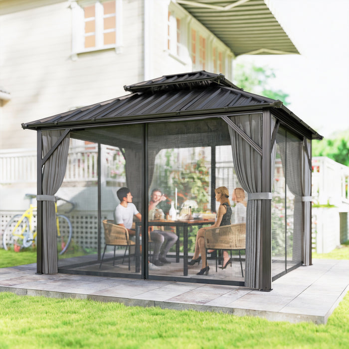 Outsunny Gazebo a Toit Rigide 3 x 3,6 m avec Canopee Double en Acier Galvanise