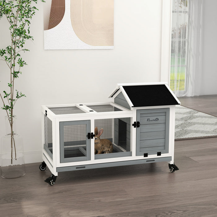 Clapier pour Lapins avec Roues, Rampe, Enclos, Plateau, Gris