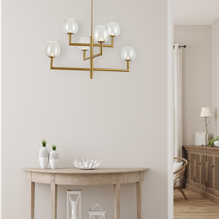 Lustre Nora de Dainolite en verre transparent, avec fini laiton vieilli et 6 ampoules