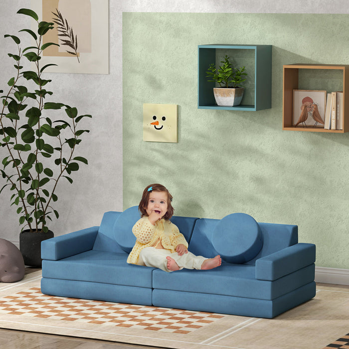Qaba Canape De Jeu Modulaire Pour Enfants 12 Pieces Pour Salle De Jeux, Chambre A Coucher, Canape Convertible Pour Enfants En Mousse Et Coussin De Sol, Garcons Et Filles, Bleu