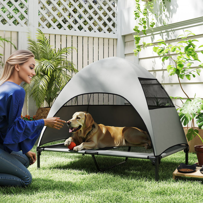 PawHut Lit sureleve pour chien d'exterieur avec auvent, lit pour animaux de compagnie avec maille lavable, cadre en acier, ideal pour camping et jardin, 106 x 76 x 99 cm, Gris clair