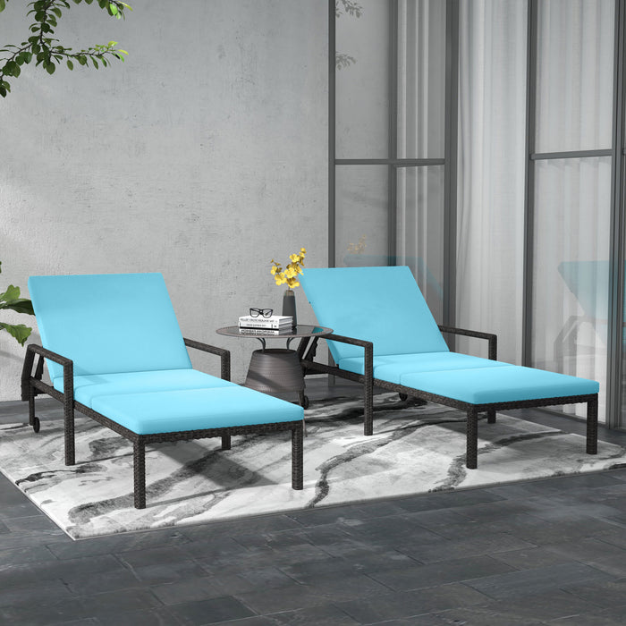 Outsunny 2 Pieces Chaises Longues De Patio En Osier Avec Roulettes, Bleu