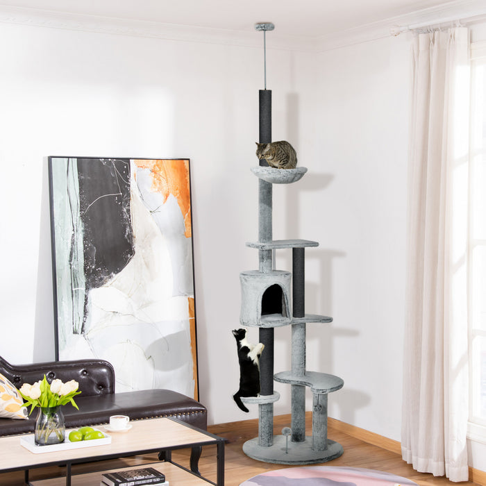 Pawhut Arbre A Chat Du Sol Au Plafond Pour Grands Chats, Tour D'escalade A Hauteur Reglable Avec Hamac, Griffoirs, Condos, Perchoirs, Balle-jouet, Kit Anti-basculement, Gris.