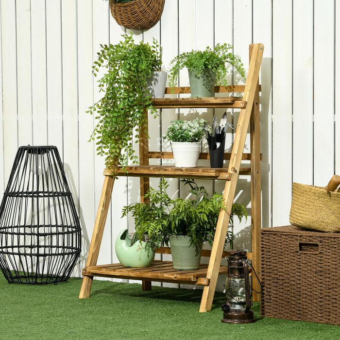 Outsunny 23,75\" L X 14,25\" L X 36,75\" H Support De Plante Pliable A 3 Niveaux En Bois Rustique Etagere A Fleurs Presentoir Maison Cour Unite De Rangement Interieur Exterieur Titulaire