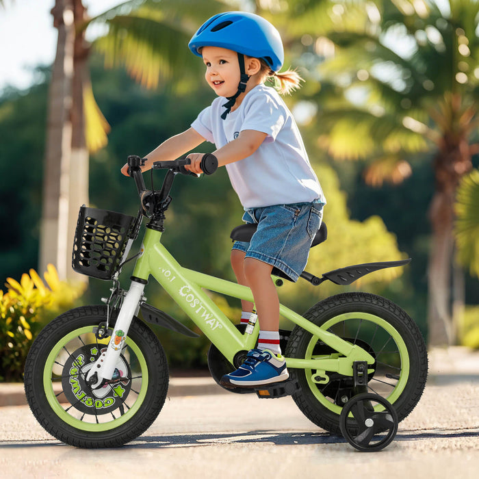 Costway 12\" Velo Pour Enfants Pour 3-4 Avec Guidon Reglable En Hauteur Et Frein A Main En Selle Vert