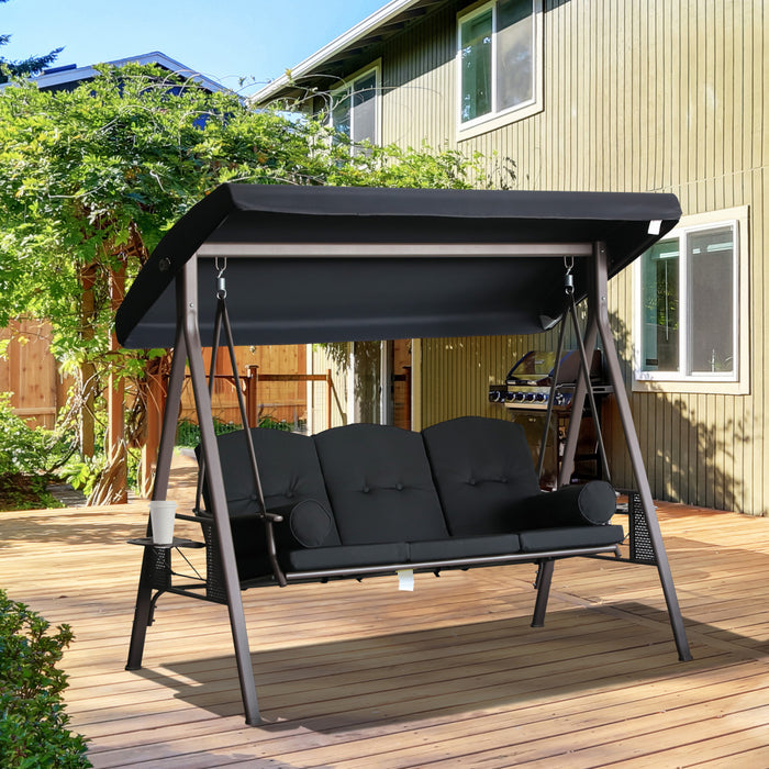 Outsunny Balancelle De Jardin 3 Personnes En Metal Avec Plateaux Lateraux Et Coussins Rembourres Noir