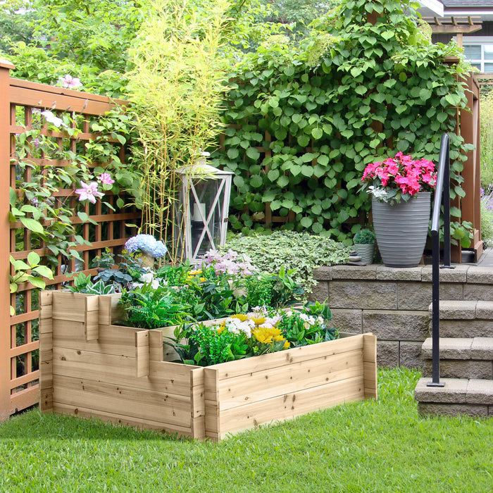 Outsunny - Lit De Jardin Sureleve En Bois A 3 Niveaux, Bac De Plantation Sureleve, Bac A Legumes Et A Fleurs Pour L'exterieur, Naturel.