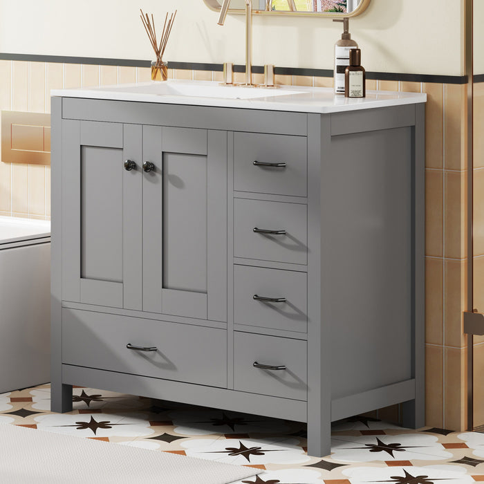 Meuble de salle de bain moderne Derek 36 pouces avec lavabo ceramique et rangement multiple, gris