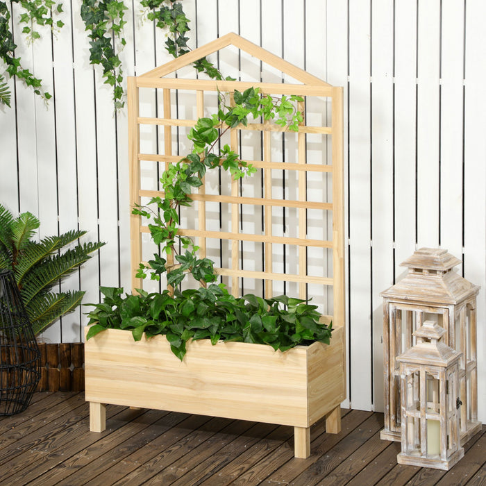 Outsunny Lit De Jardin Sureleve Avec Treillis Pour Plantes Grimpantes, Jardinieres En Bois De 59 Pouces Pour Plantes D'exterieur, Legumes, Fleurs, Herbes, Assemblage Facile, Ton Naturel Vieilli