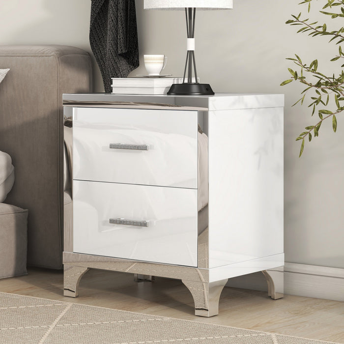 Sophia table de chevet laquee brillante avec 2 tiroirs et poignees en metal, blanc