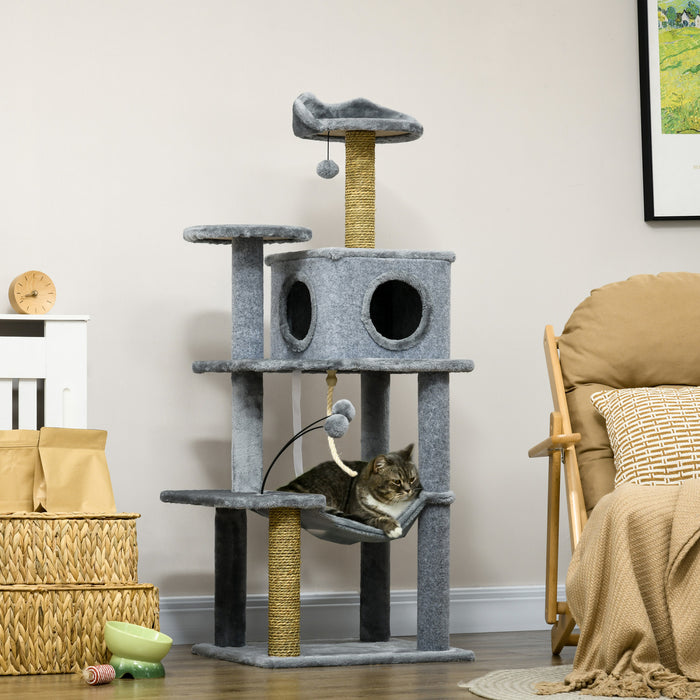 Pawhut Arbre A Chat De 54\" Avec Hamac, Tour A Chat Avec Griffoir, Niche, Plates-formes, Balles De Jeu Pour Chats D'interieur, Gris