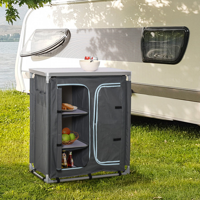 Table de camping en aluminium Outsunny, 3 etageres de rangement, gris