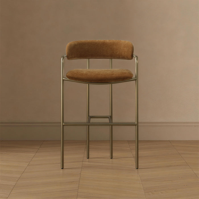 Tabouret de comptoir moderne mi-siecle en metal et tissu, coloris curcuma