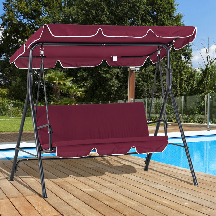 Outsunny Meatal Chaise Pivotante D'exterieur 3 Places Chaise Longue De Jardin Rembourree Hamac De Terrasse Avec Cadre Et Auvent Rouge Vin
