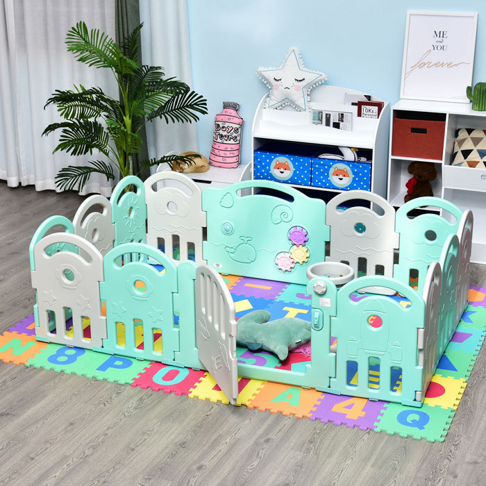 Qaba 2.1' Parc Pour Bebe Barriere De Securite Pour Enfants Mom's Helper Safety Yard Cloture Pour Centre D'activites Pour Enfants Pour La Maison, L'interieur Et L'exterieur, 14 Pieces (vert Et Gris)