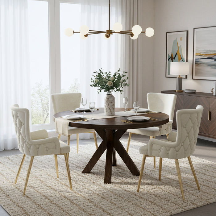 Chaises de salle a manger Luna en velours avec revetement capitonne et pieds metalliques dores, lot de 4, beige