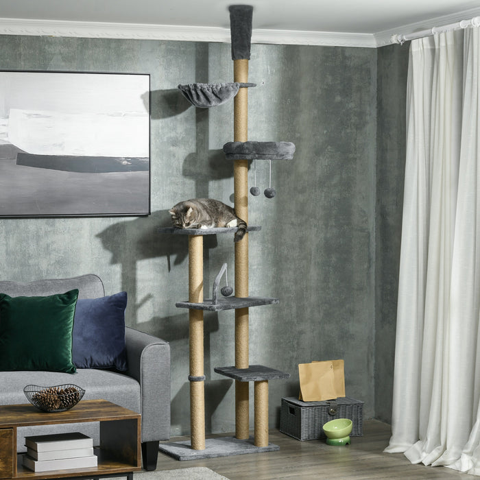 Arbre A Chat Pawhut, Hauteur Reglable De 230 A 250 Cm, Avec Griffoir, Balles Suspendues, Plateformes, Lit Et Hamac, Gris