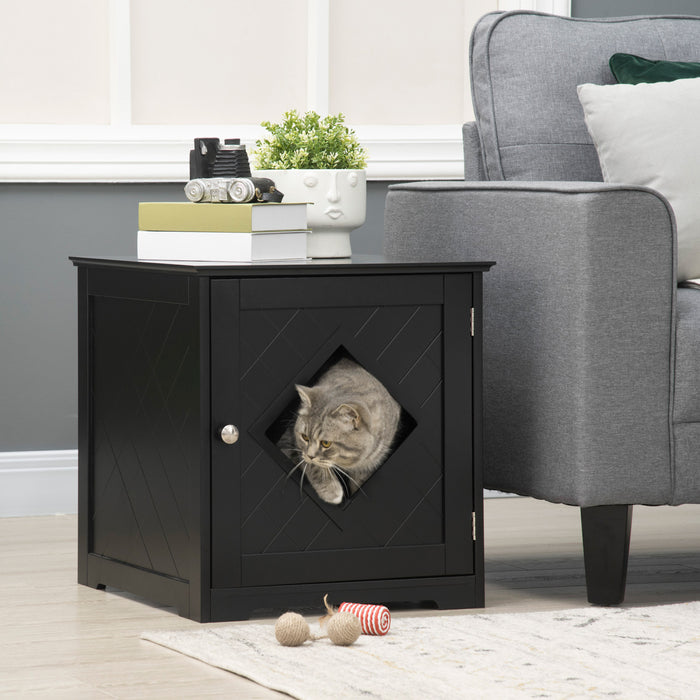 Pawhut Table D'extremite Pour Bac A Litiere, Toilettes Interieures Pour Chats Avec Porte Magnetique, Table De Nuit Pour Bac A Litiere Cache Avec Grand Plateau, Montage Facile, Noir