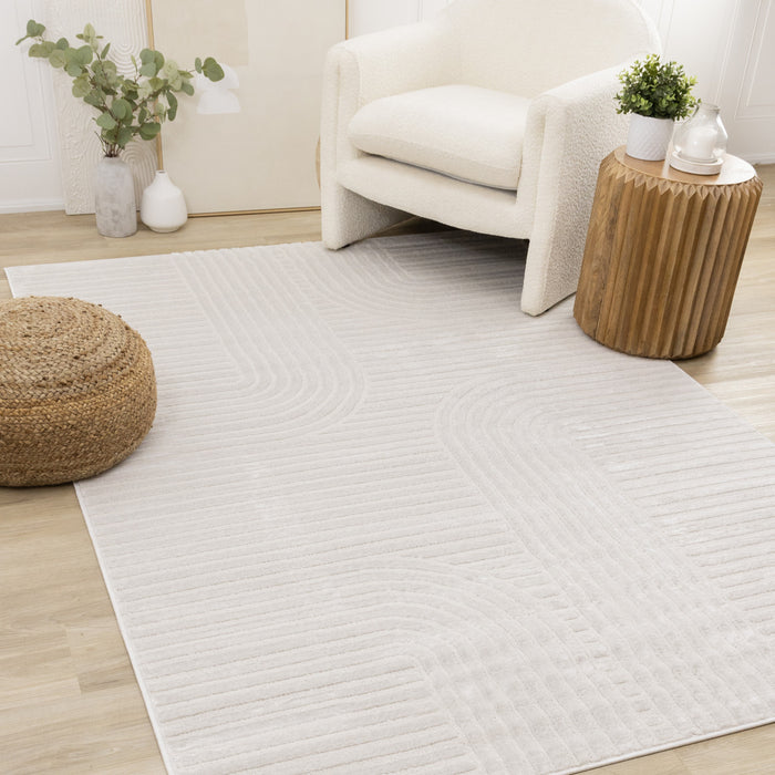 Carpette Leonardo blanche et grise à motif de rayures modernes - 5 pi 3 po x 7 pi 7 po