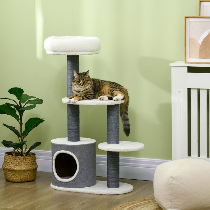 Arbre A Chat Pawhut De 99 Cm Pour Interieur, Tour A Chat Avec Griffoirs, Niche, Perchoir, Plateformes, Centre D'activites Pour Chatons A Plusieurs Niveaux, Blanc