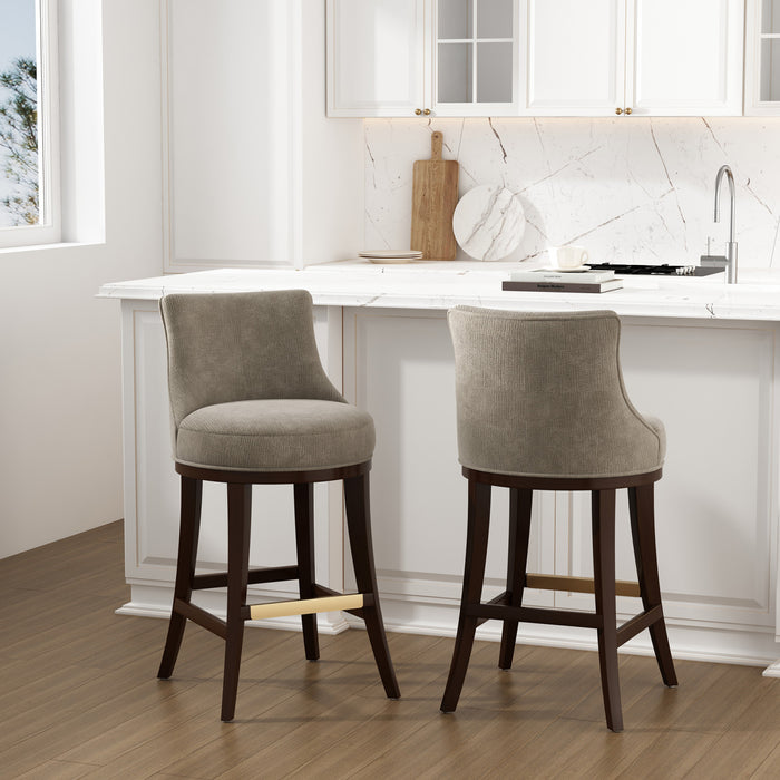 Tabouret de bar moderne Lucia en bois et tissu chenille taupe - Lot de 2