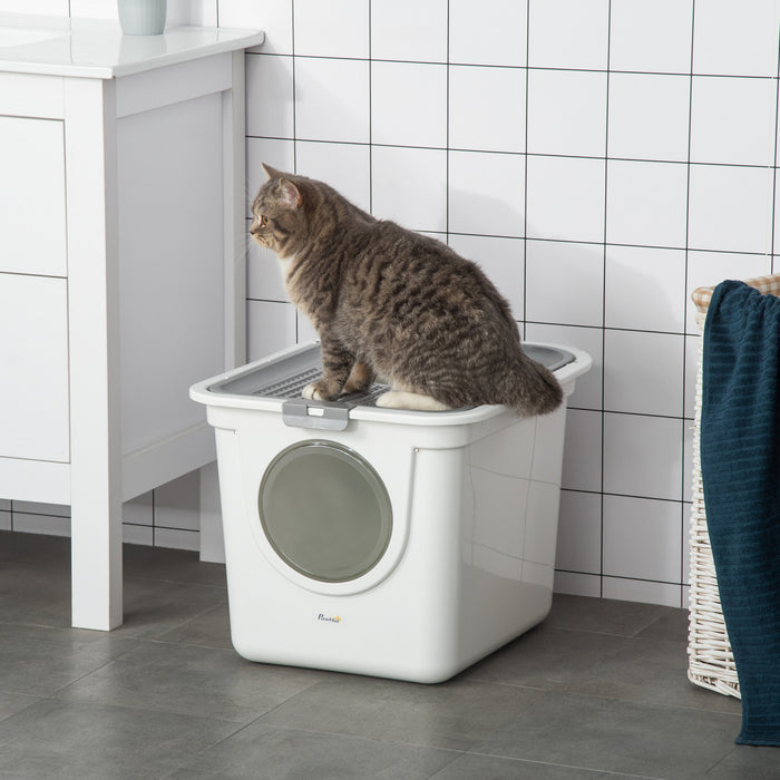Bac A Litiere Pawhut, Bac A Litiere Ferme Avec Entree Avant, Sortie Superieure, Pelle, Toilettes Faciles A Nettoyer, Blanc