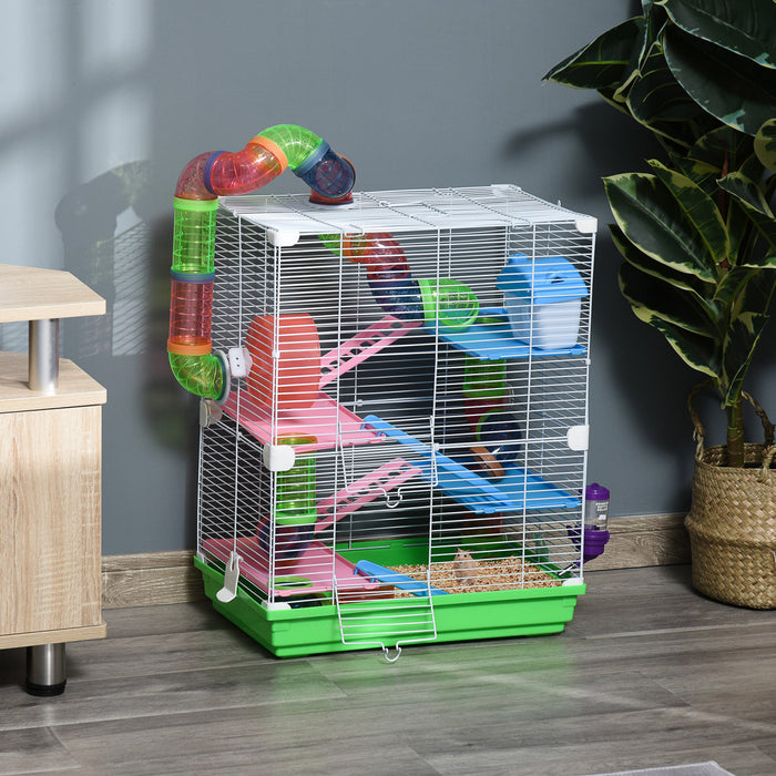 Pawhut Cage A Hamster A 5 Etages Portable Pour Animal De Compagnie Avec Roues D'exercice Tube De Jeu Bouteille D'eau Vaisselle Maison Echelle Pour Souris Gerbilles Vert