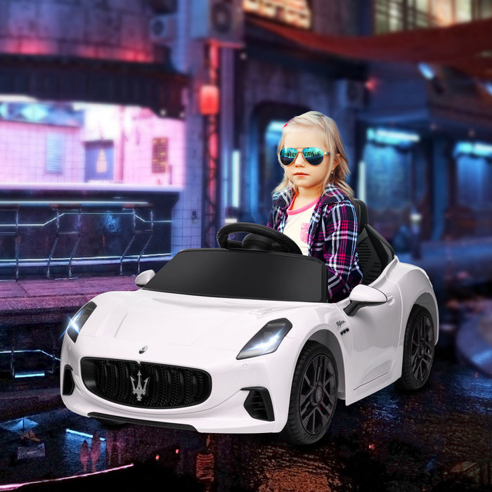 Qaba Voiture Electrique 12v Pour Enfant, Maserati Gran Turismo Sous Licence, Voiture Pour Enfants Alimentee Par Batterie Avec Telecommande, Lumieres Led, Musique, Klaxon, Mp3 Blanc