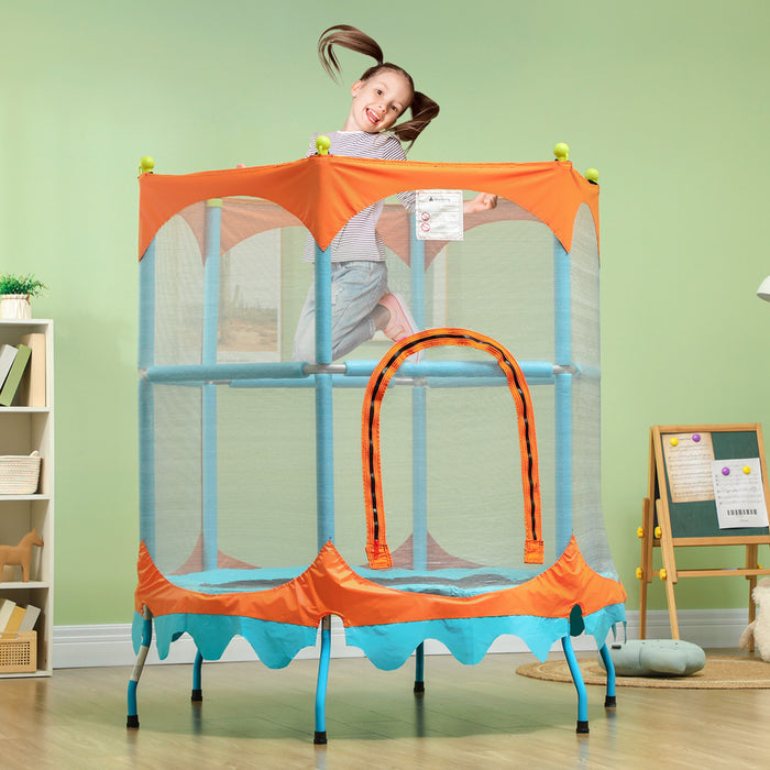 Qaba Trampoline pour enfants, trampoline pour tout-petits d'interieur et d'exterieur de 4,6 pieds, mini trampoline recreatif avec guidon, filet de securite, bleu
