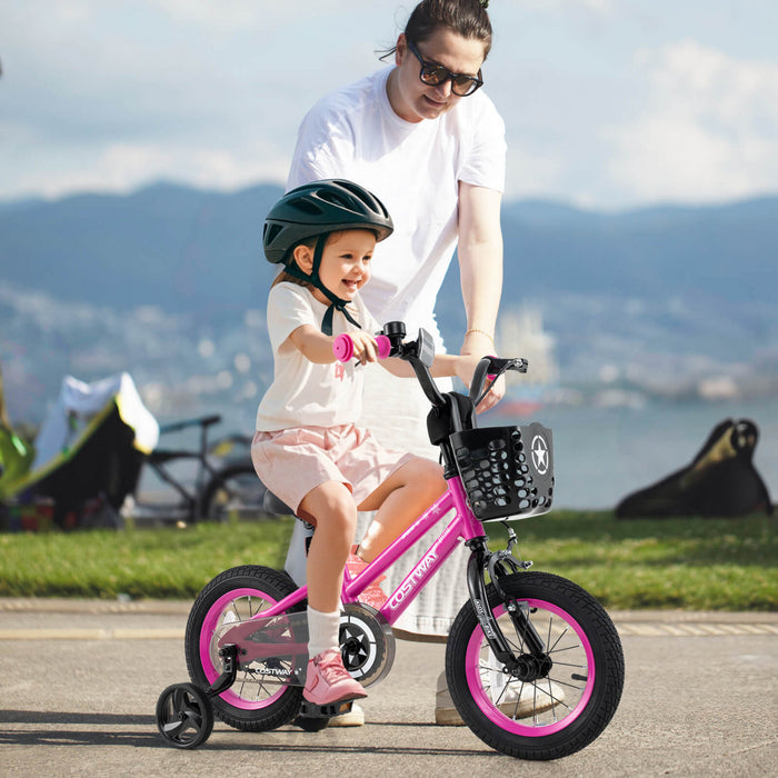 Costway 12\" Velo Pour Enfants Avec Roues D'entrainement Guidon Reglable Et Frein A Main De Siege Rose