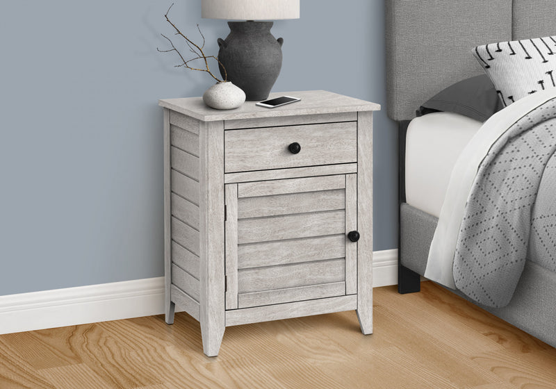Table de bout, d’appoint et de nuit de style transitionnel avec tiroir de rangement et placages gris pour la chambre à coucher