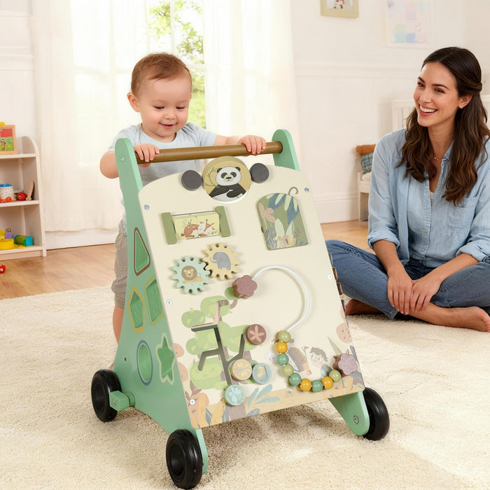 Qaba Trotteur en Bois, Jouets a Pousser avec Controle de la Vitesse, Centre d'Apprentissage Montessori avec Xylophone, Engrenages et Labyrinthe de Perles de Plus de 18 Mois, Vert