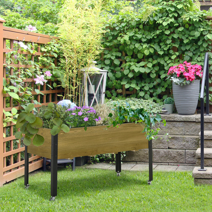 Outsunny Jardiniere Surelevee Mobile En Bois Avec Pieds En Metal, Roues Verrouillables Et Tissu Non Tisse Pour Herbe A Fleurs Vegetales