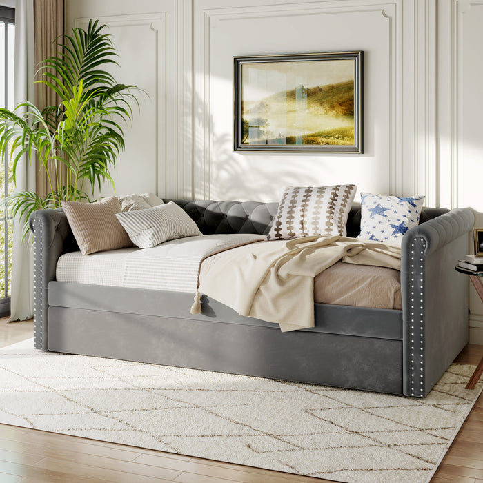 Le Daybed Sophia avec design capitonne, revetement en tissu, lit d'appoint avec trundle et dossier confortable, couleur grise