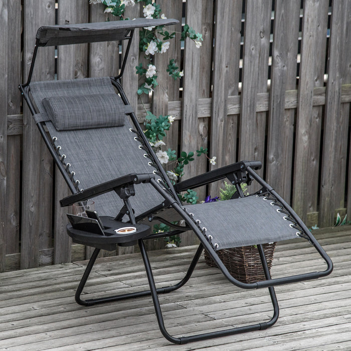 Outsunny Chaise Longue Pliable Avec Auvent, Plateau Lateral, Porte-gobelet