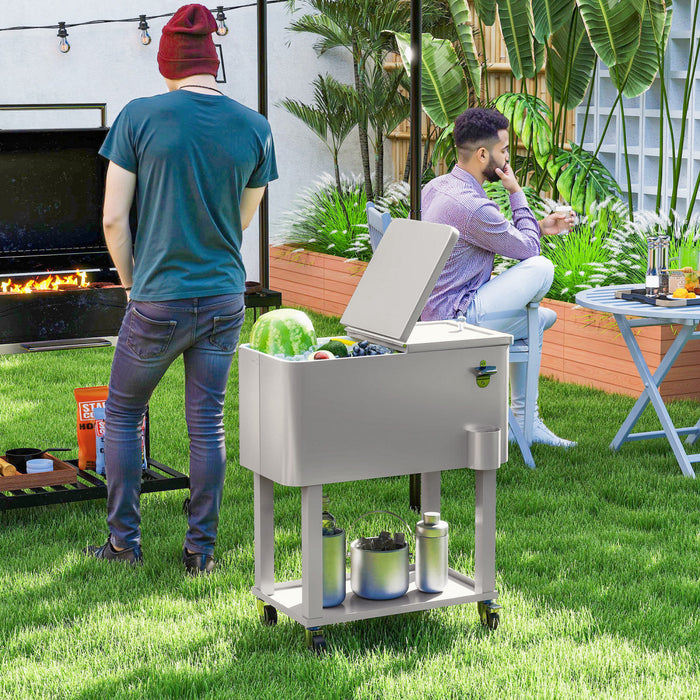 Outsunny Chariot Refrigerant 56L pour Patio, Refroidisseur Exterieur Portable, Argente