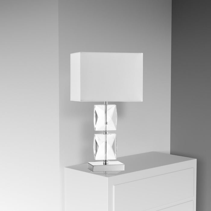 Lampe de table Crystal de Dainolite en cristal de forme carrée, avec abat-jour blanc, fini chromé poli et 1 ampoule