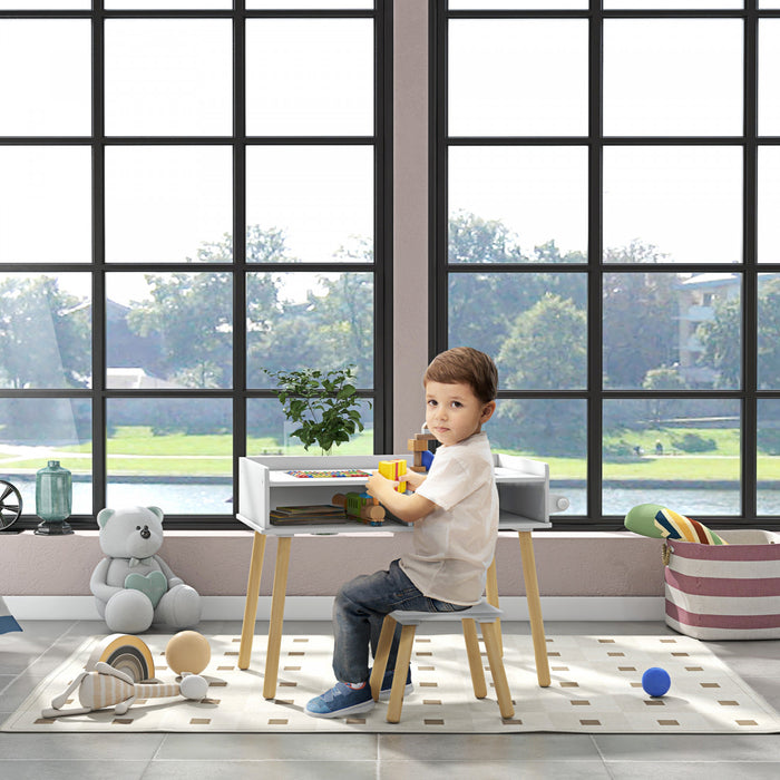 Qaba Ensemble Table Et Chaise Pour Enfants, Table D'activites 3 En 1 Pour Tout-petits, Rouleau De Papier, Rangement, Pour Jouer, Dessiner, Lire, Pour Creche, Salle De Jeux, Gris