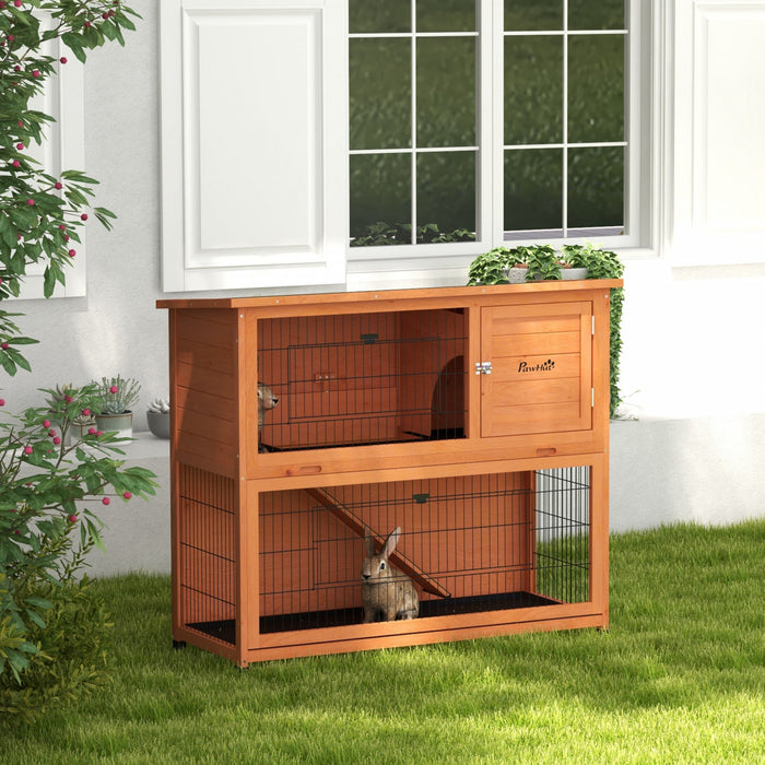 Pawhut Clapier A Lapin En Bois, Cage A Lapin Exterieure A 2 Etages, Plateaux, Rampe, Toit En Asphalte, Portes Pour 1-2 Lapins, 47\" X 20\" X 40\", Orange
