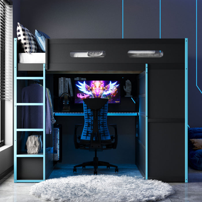 Jerry Lit mezzanine en bois avec bureau et rangement, Taille Double, Bleu