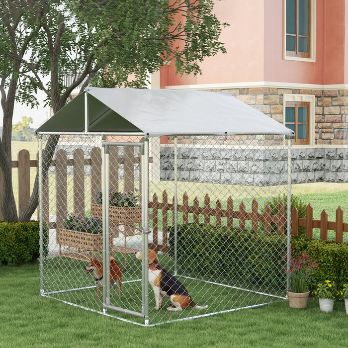 Pawhut 6.6' X 6.6' X 7.8' Chenil D'exterieur Pour Petits Et Moyens Chiens, Enclos De Promenade Pour Chiens Avec Toit Resistant Aux Uv, Maillon De Chaine Robuste, Argente