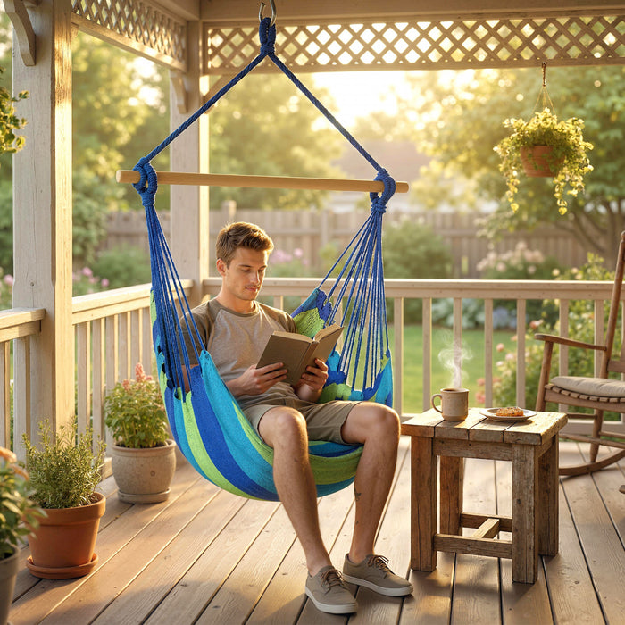 Chaise Hamac Outsunny, Chaise Suspendue en Macrame, Bleu et Vert